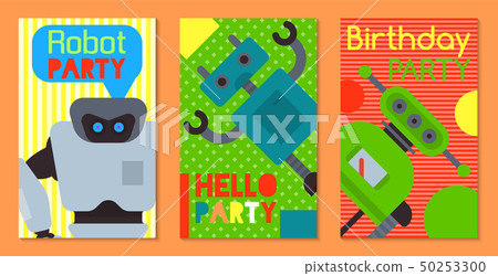 Robot waving, robotic dog friend design for kid party set of banners, cards vector illustration Robot waving, robotic dog friend design for kid party set of banners, cards vector illustration 50253300