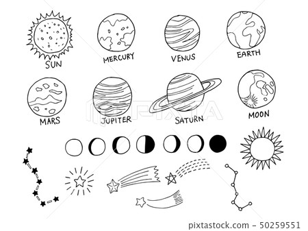 手繪插圖材料集如太陽系和星星 50259551