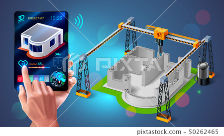3d printer prints walls of building, house with cement mortar. Innovative additive building 3d printer prints walls of building, house with cement mortar. Innovative additive building 50262465