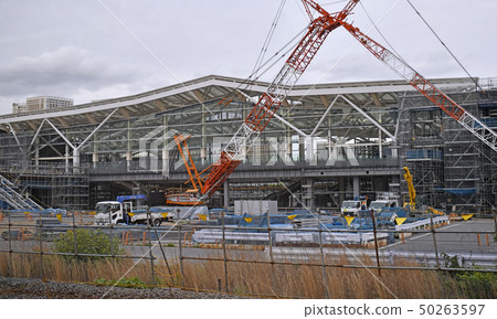 Tokyo cityscape in Japan See Takanawa Gateway Station under construction between Tamachi and Shinagawa Stations on Yamanote Line and Keihin Tohoku Line 50263597