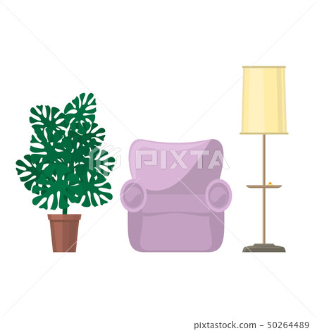 Armchair and floor lamp with monstera houseplant Armchair and floor lamp with monstera houseplant 50264489