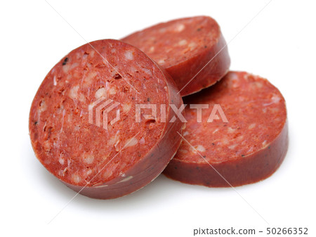 Sliced Turkish sausages isolated on white Sliced Turkish sausages isolated on white 50266352