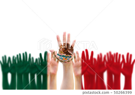 Mexico national flag pattern on hands raising up 50266399