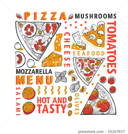 Typographic vector Italian pizza and ingredients 50267657