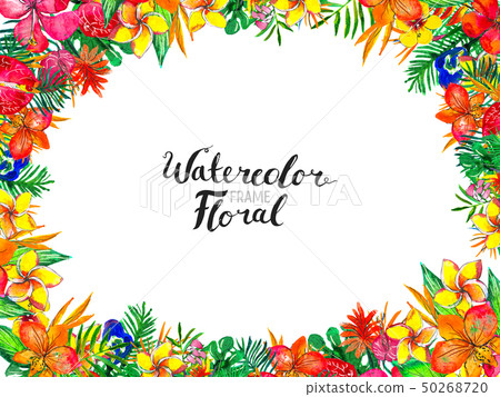 Watercolor Background with tropical plants and flowers Watercolor Background with tropical plants and flowers 50268720