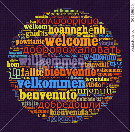 Word Welcome in different languages word cloud con 50269699