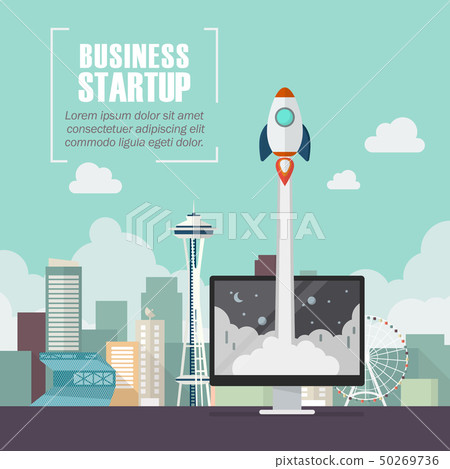 Rocket launching from monitor startup concept 50269736