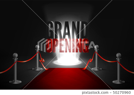 Red carpet between two barriers. Red ribbon cut ceremony. Grand opening event in spotlight. Red carpet between two barriers. Red ribbon cut ceremony. Grand opening event in spotlight. 50270960