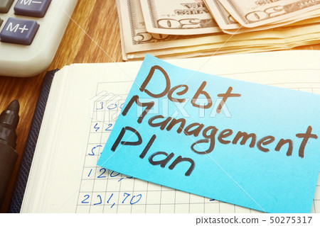 Debt management plan with calculator and cash. 50275317