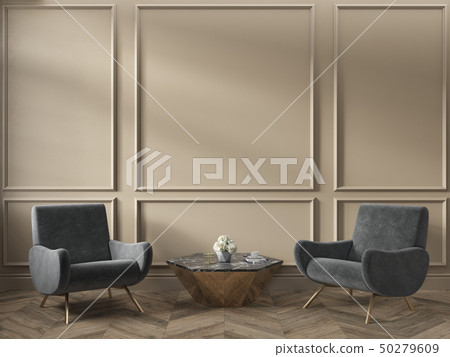 Classic beige interior empty room with armchairs coffee table flowers mouldings and wooden floor. 50279609