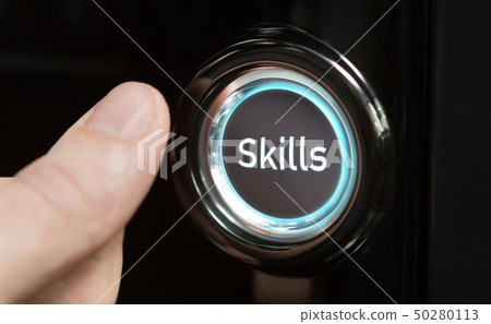 Hand turning Skill button on, panorama, close up 50280113