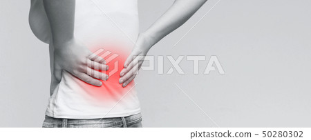 Young woman with hurt backbone, spine inflammation Young woman with hurt backbone, spine inflammation 50280302