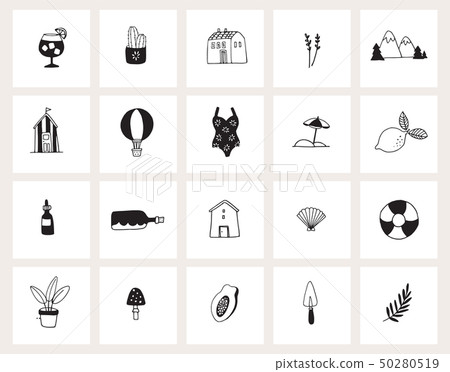 Set of hand drawn doodle web icons. Line art. Summer, holiday, travel concept. Black and white 50280519