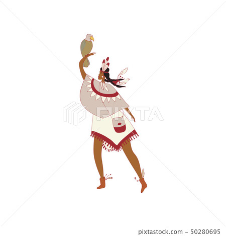 Red Indian girl holds an eagle on his arm. Vector illustration. 50280695