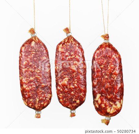 mini salami sausages isolated on white background 50280734