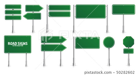 Road green traffic signs set. Blank board with place for text. Mockup. Isolated information sign Road green traffic signs set. Blank board with place for text. Mockup. Isolated information sign 50282602