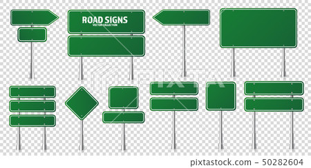 Road green traffic signs set. Blank board with place for text. Mockup. Isolated information sign 50282604