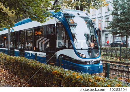 Blue city trams in the autumn city. 50283204