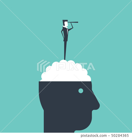 Businessman standing on brain with spyglass. 50284365