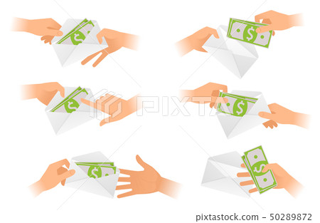 A men hold and give the envelope with paper money. 50289872