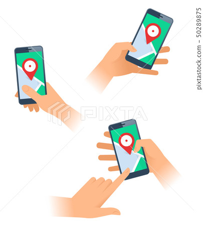 Female and male hands hold a smartphones with gps Female and male hands hold a smartphones with gps 50289875