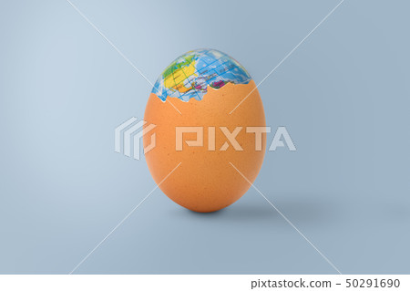 The shelled egg has an globe inside.Easter concept The shelled egg has an globe inside.Easter concept 50291690