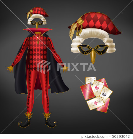 Joker costume and playing cards realistic vector 50293042