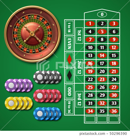 Online casino roulette and gambling table with chips vector set 50296390