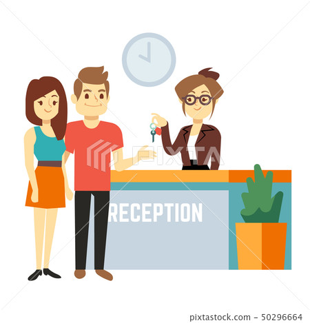Young and happy couple at reception with smiling receptionist. Hotel reservation on holiday flat Young and happy couple at reception with smiling receptionist. Hotel reservation on holiday flat 50296664