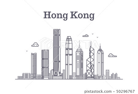 China hong kong city skyline. Architecture landmarks and buildings vector line panorama 50296767
