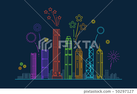 Hong kong city vector panorama with festive fireworks. China line cityscape with buildings 50297127