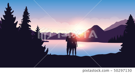 young couple by the river enjoy the forest nature landscape at sunrise young couple by the river enjoy the forest nature landscape at sunrise 50297130