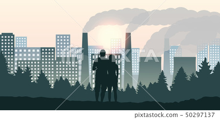 couple looks direction city and pollution by industry couple looks direction city and pollution by industry 50297137