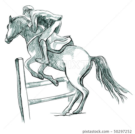 Show Jumping, hand drawn illustration. Line art 50297252