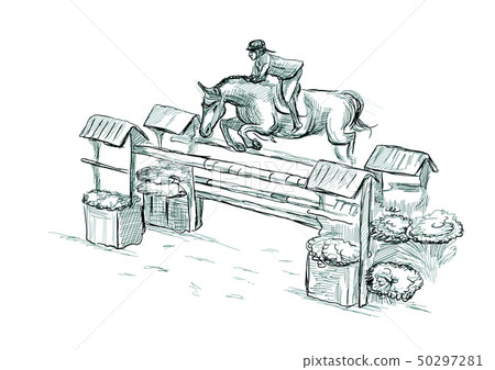 Show Jumping, hand drawn illustration. Line art 50297281