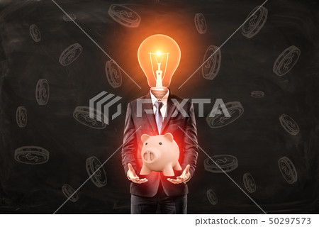 Man in suit with lightbulb instead head, levitating cute pink glaring piggy bank above palms 50297573