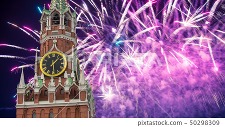 Fireworks over the Spasskaya Tower. Moscow Fireworks over the Spasskaya Tower. Moscow 50298309