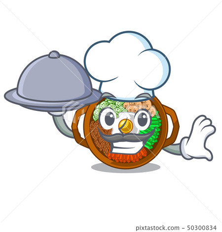 Chef with food plate containing bibimbap cartoon on table Chef with food plate containing bibimbap cartoon on table 50300834
