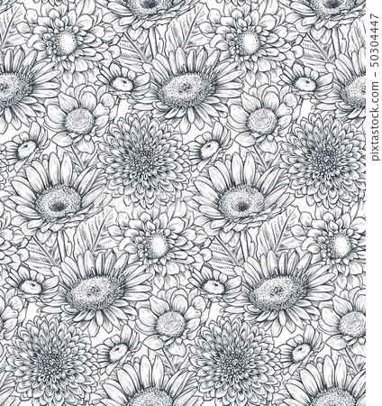 Seamless pattern with hand drawn flowers and... - Stock Illustration ...