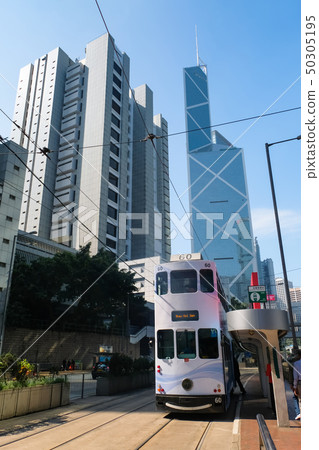 Hong Kong tram and skyscrapers 50305195