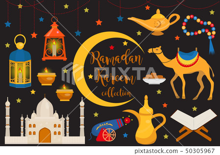 Ramadan kareem flat icon set, cartoon style. Collection of arabic design elements with camel, quran 50305967