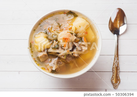 Soup of sauerkraut, meat stock in the dish. 50306394