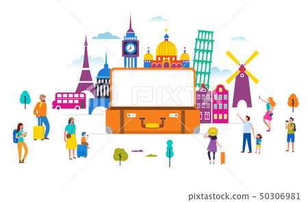 Travel, tourism, adventure scene with open suitcase, famous landmarks and miniature people, modern 50306981