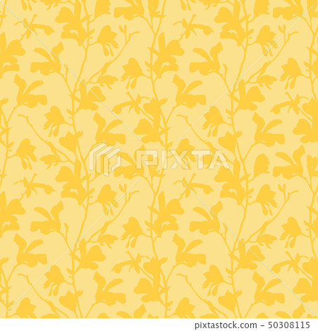Seamless pattern with magnolia tree blossom. Yellow floral background with branch and magnolia 50308115