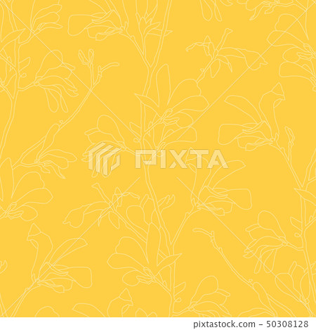 Seamless pattern with magnolia tree blossom. Yellow floral background with branch and magnolia Seamless pattern with magnolia tree blossom. Yellow floral background with branch and magnolia 50308128