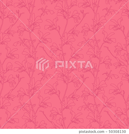Seamless pattern with magnolia tree blossom. Pink floral background with branch and magnolia flower Seamless pattern with magnolia tree blossom. Pink floral background with branch and magnolia flower 50308130