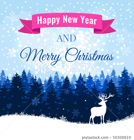 Christmas background with deer and winter forest - Stock Illustration ...