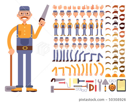 Cartoon man construction worker in jumpsuit vector character with big set of body parts. Creation Cartoon man construction worker in jumpsuit vector character with big set of body parts. Creation 50308926