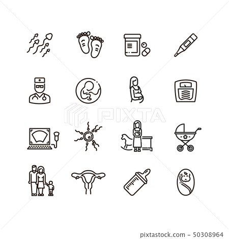 Pregnancy and newborn child line vector icons. Motherhood and infant baby pictograms 50308964
