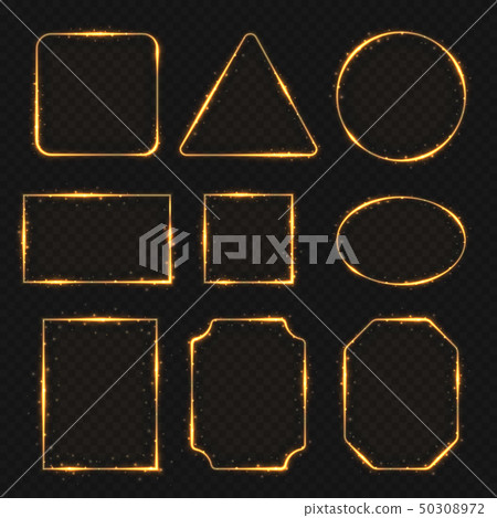 Golden neon shiny electric rectangle borders. Glisten round and oval banners 50308972